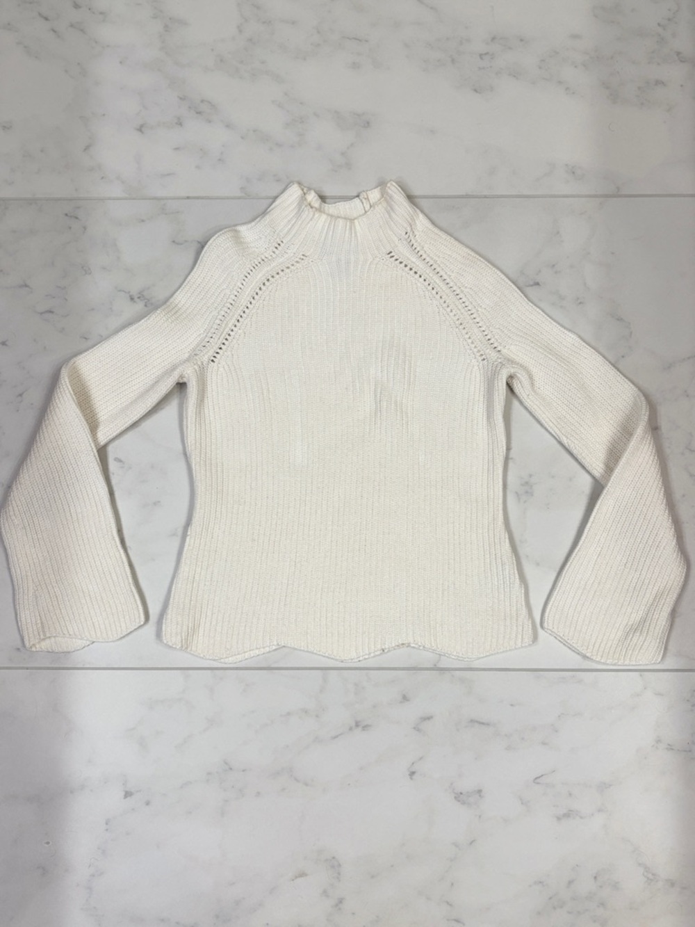 Cynthia Rowley Ivory Mock Neck Cotton Ribbed Knit Scalloped Hem Sweater XS - Picture 5 of 9